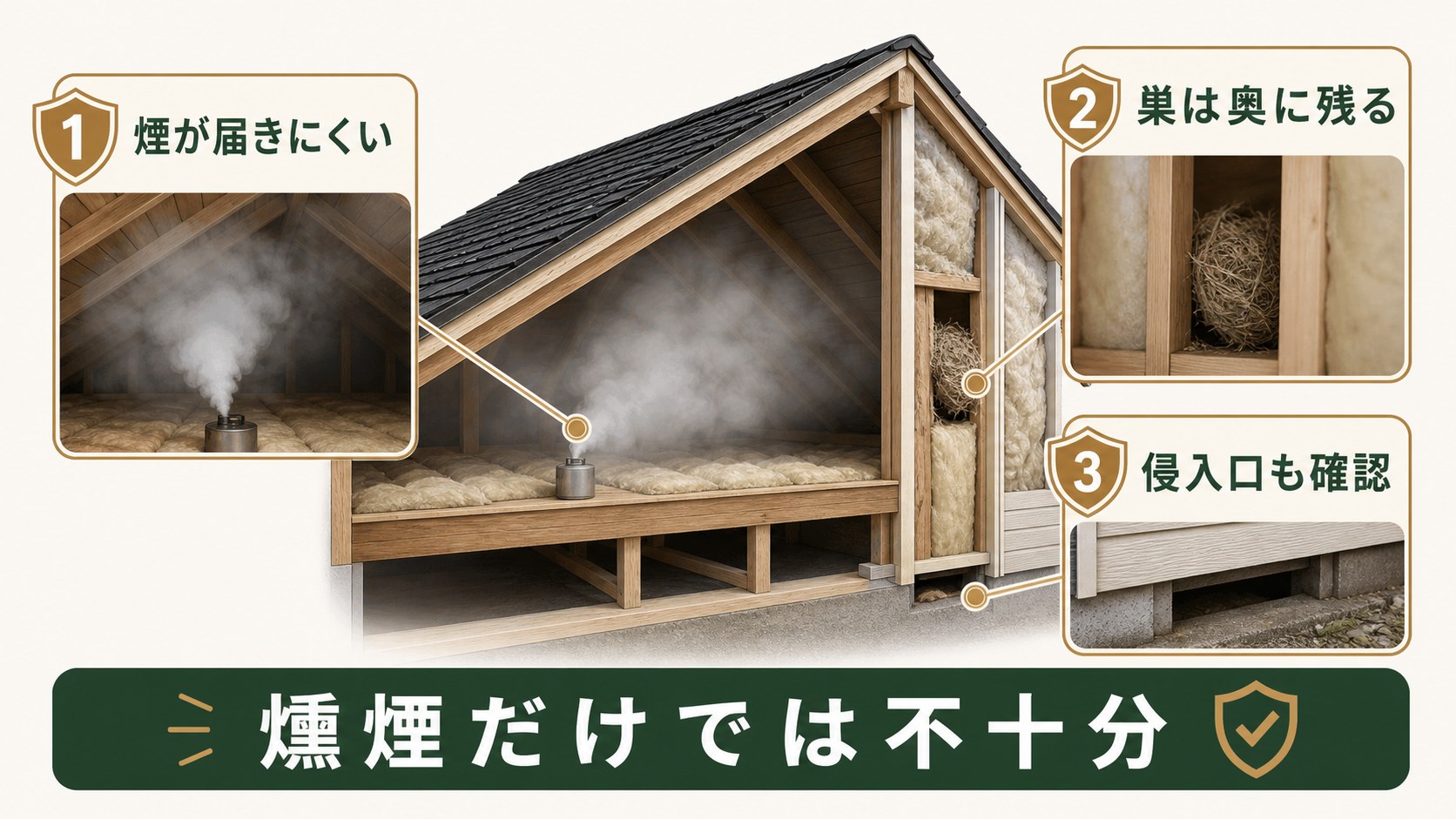 天井裏で燻煙剤の煙が巣や壁内部まで届きにくいイメージ