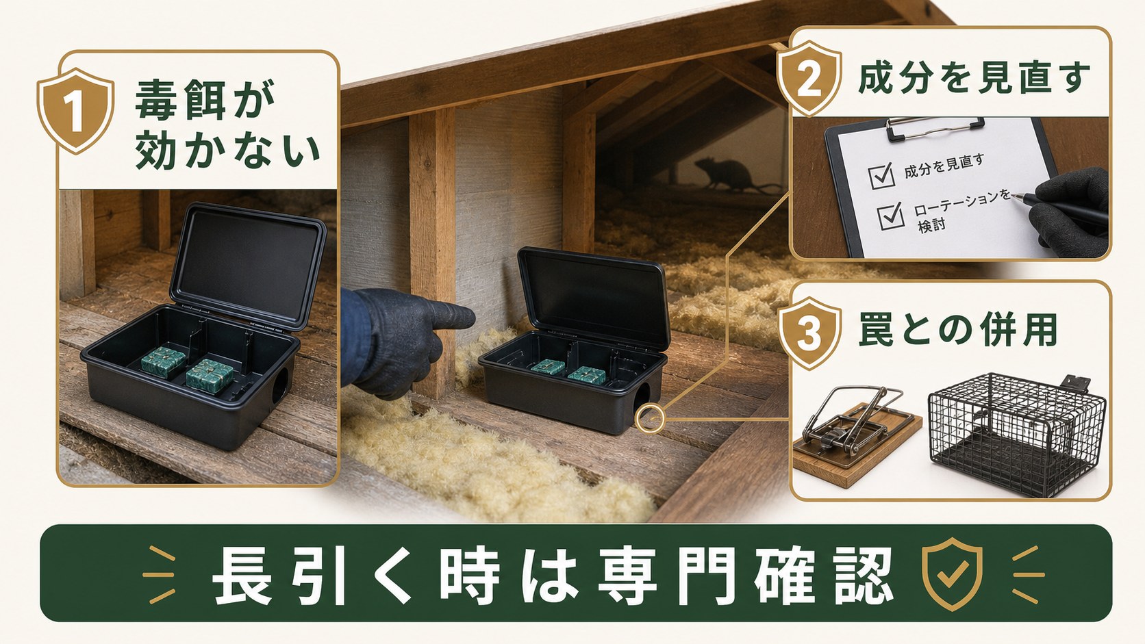 毒餌が効かないクマネズミへの対策見直しを示すイメージ