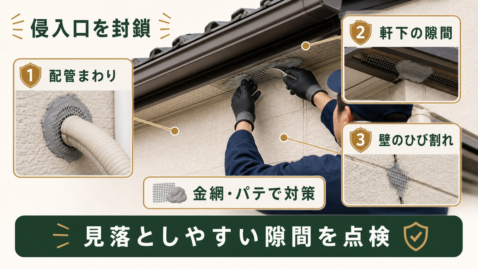 クマネズミの侵入口を金網やパテで塞ぐ作業のイメージ