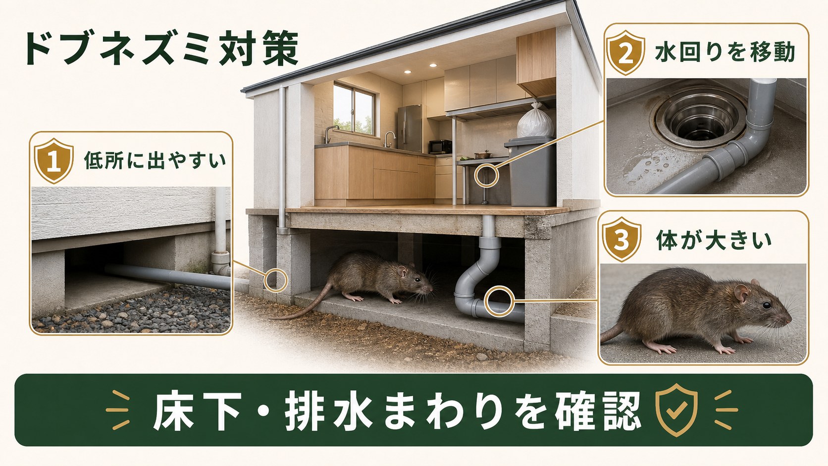 ドブネズミの床下や排水まわりを中心にした駆除対策のイメージ