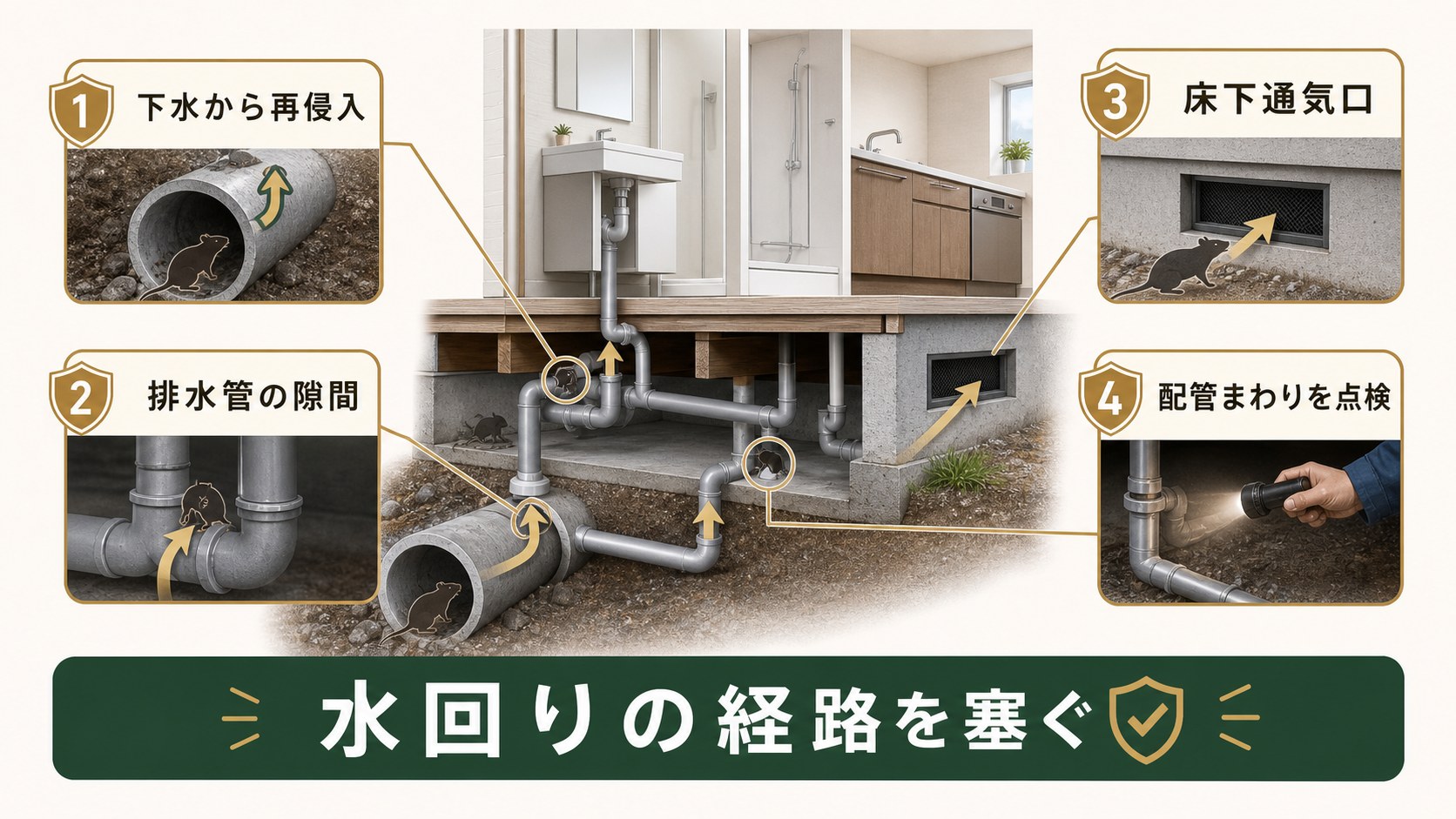 ドブネズミが下水管や排水口から再侵入する経路のイメージ