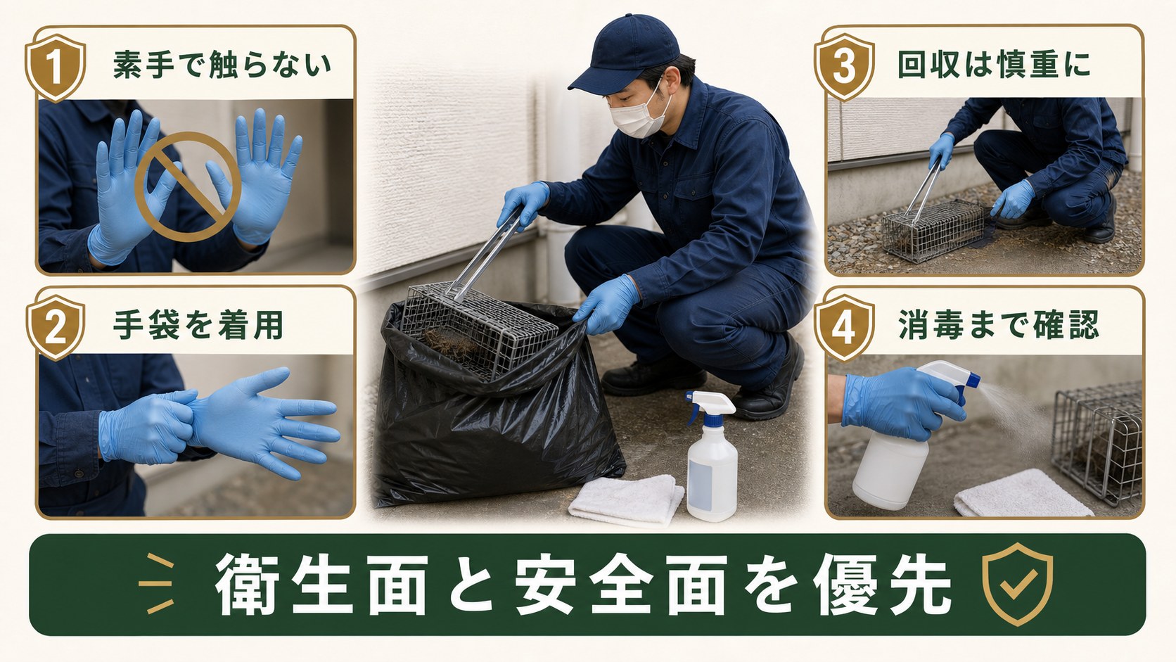ドブネズミ駆除後に手袋を着用して安全に回収と消毒を行うイメージ