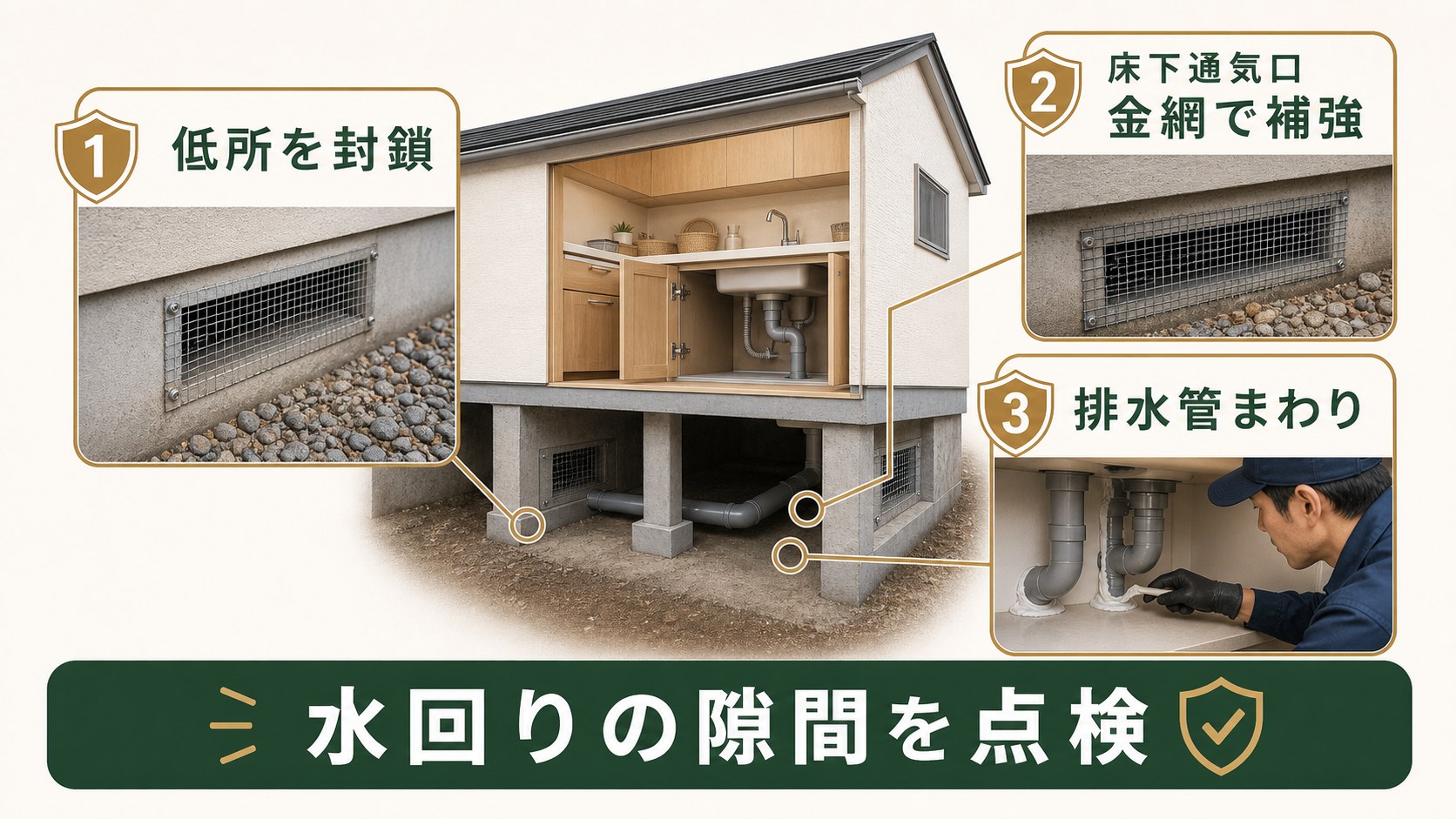 床下通気口や水回りの隙間を金網で塞ぐドブネズミ対策のイメージ
