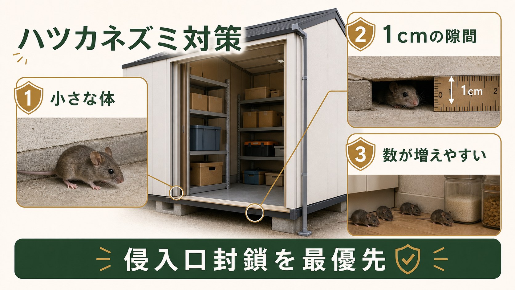 ハツカネズミの小さな体と1cm程度の侵入口を示すイメージ