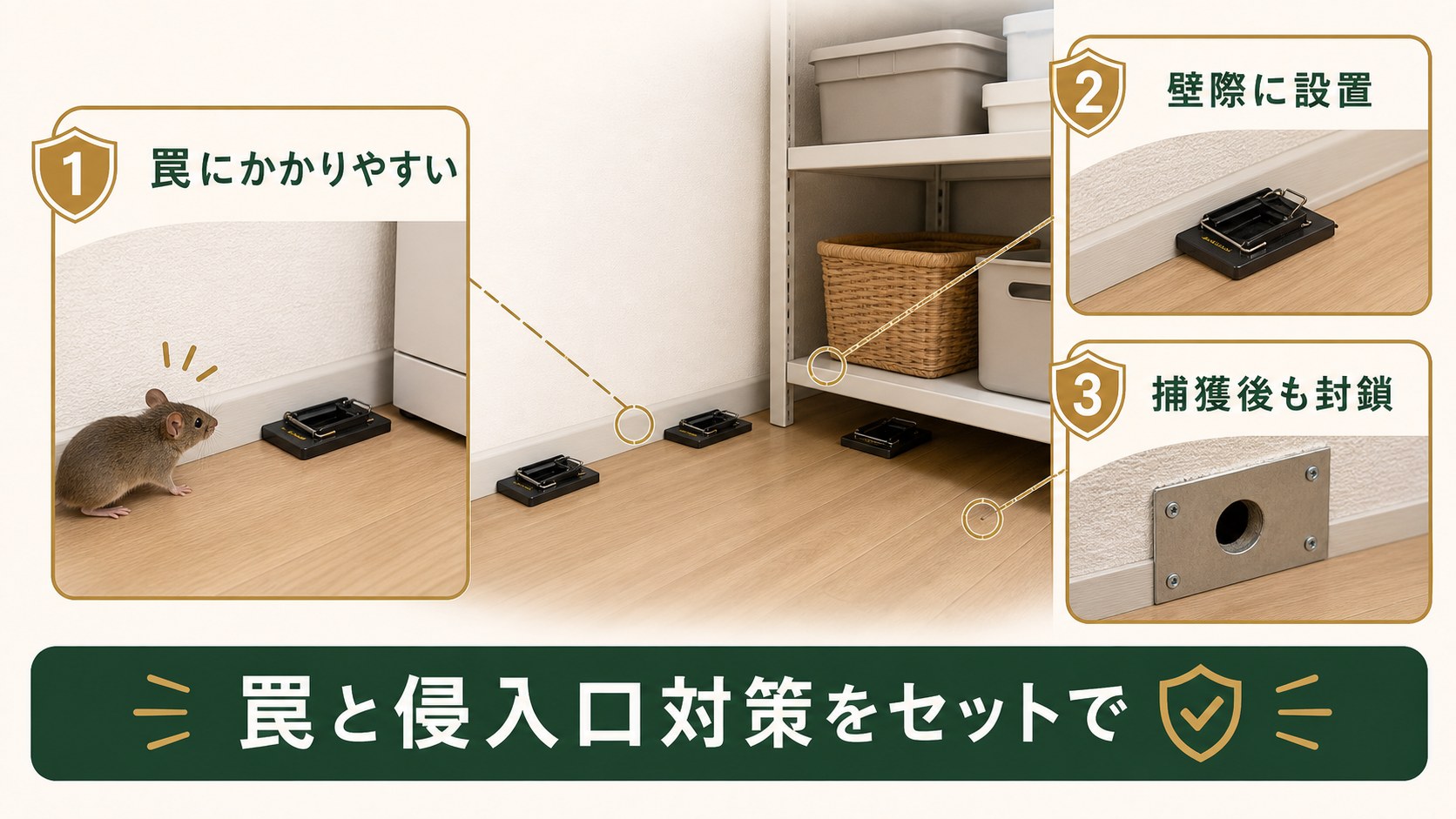ハツカネズミ用の罠設置と侵入口封鎖をセットで行うイメージ