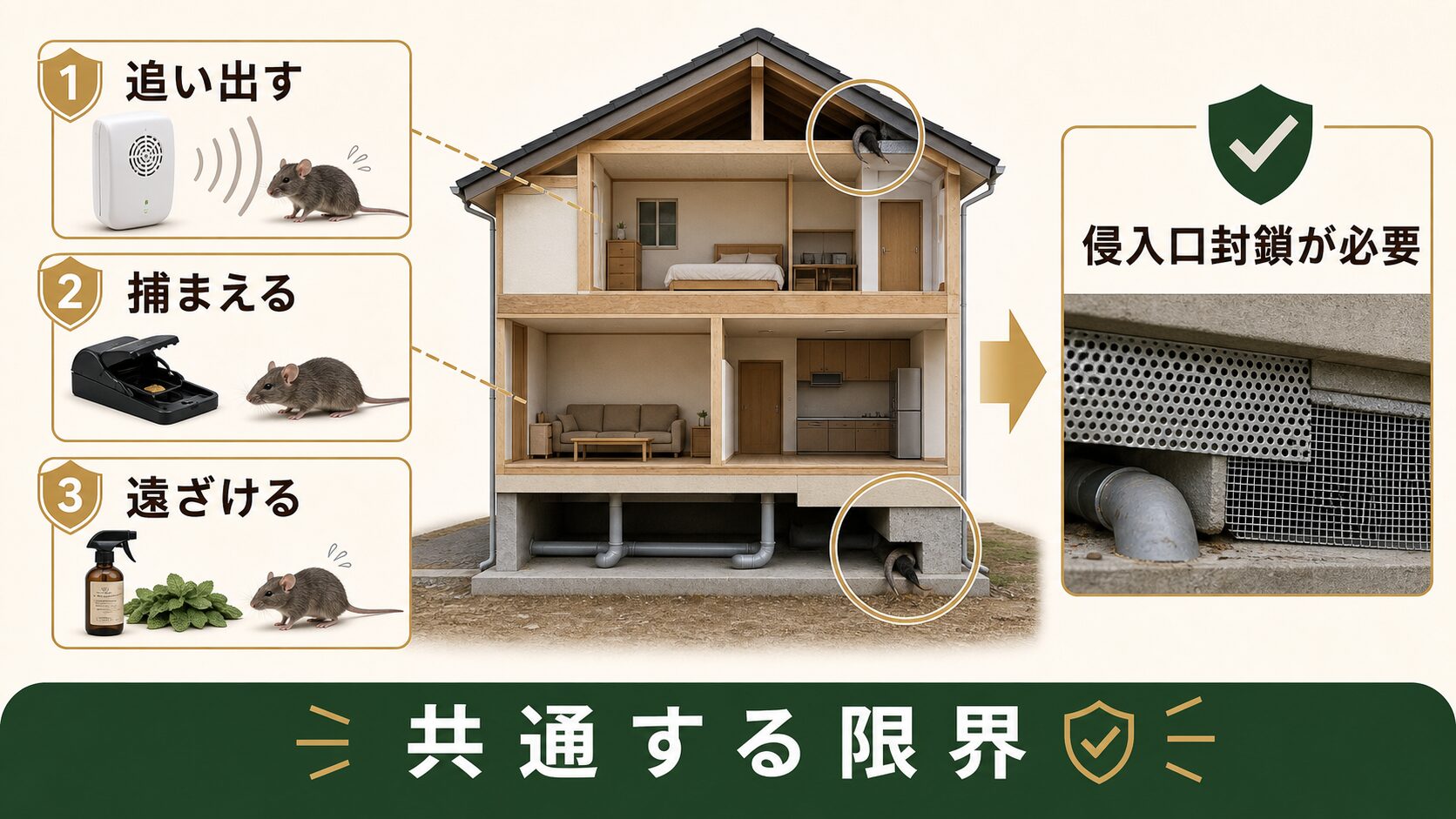 バルサンや粘着シートや忌避剤では侵入口封鎖が必要になることを示す図解