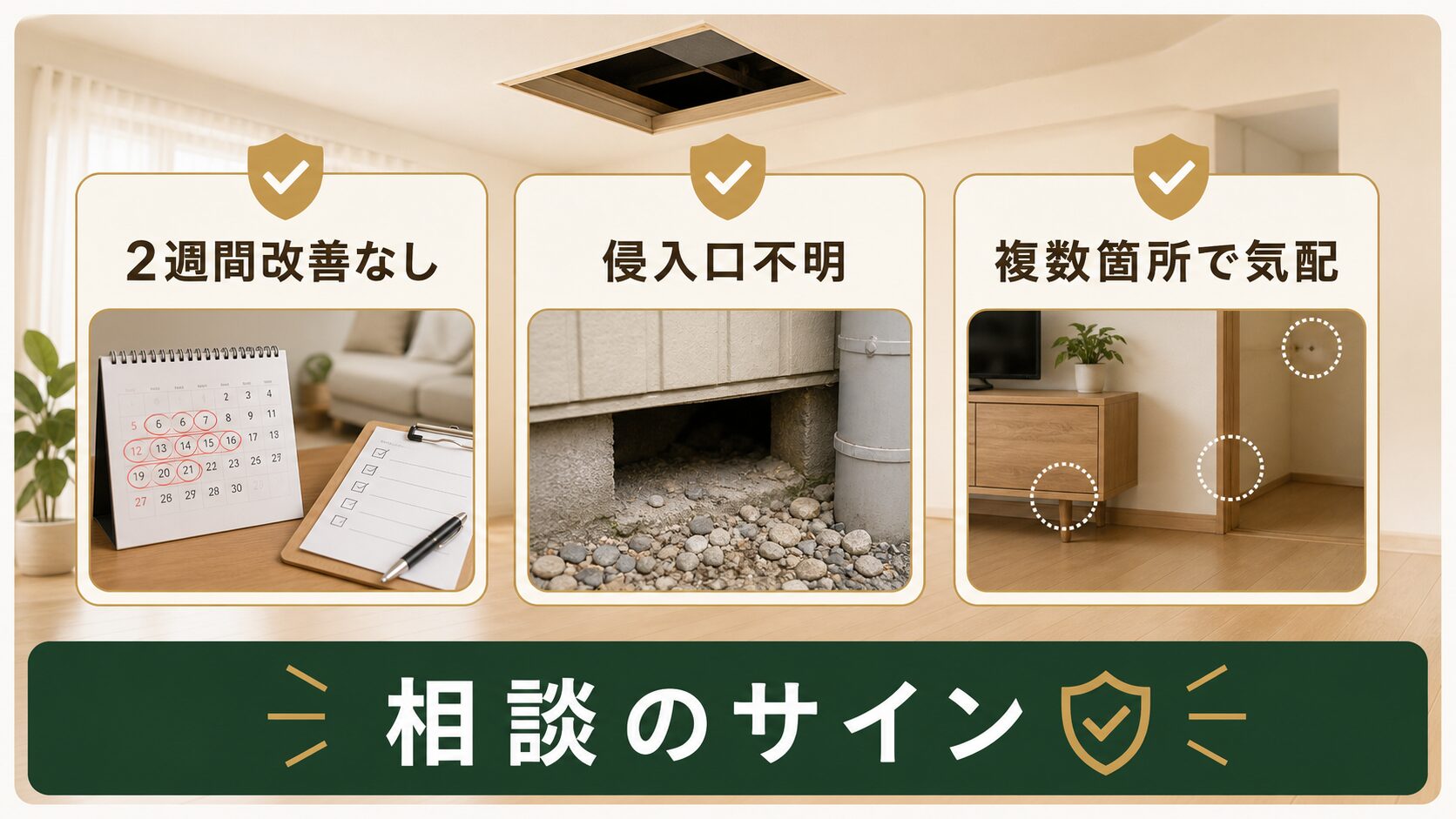 ネズミ駆除を業者に相談する目安を三つのサインで示すチェック図