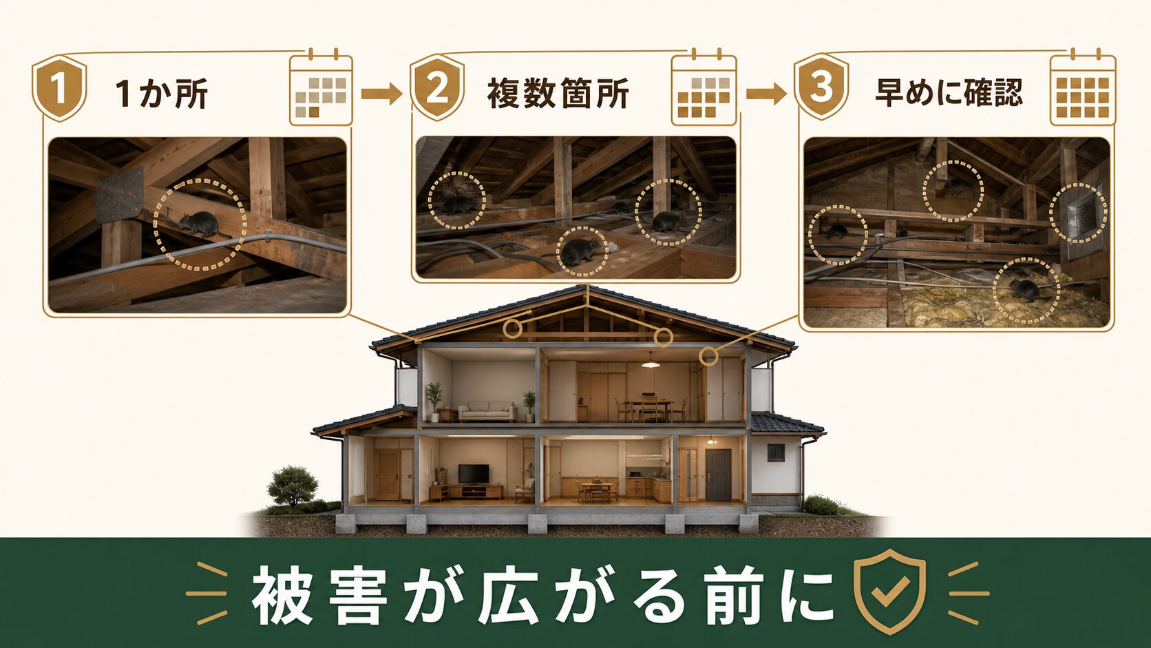 ネズミ被害が天井裏の一か所から複数箇所へ広がるイメージ