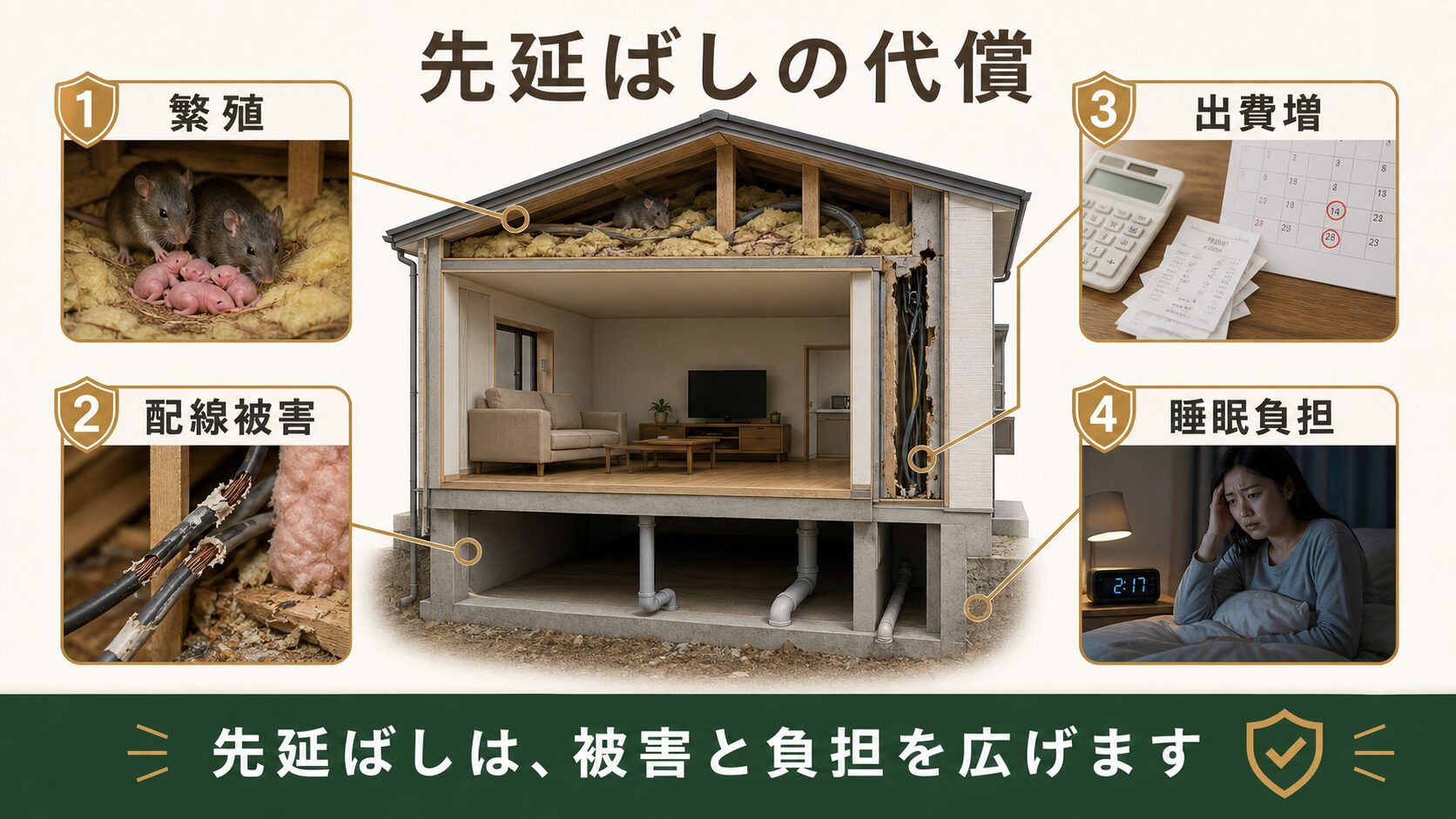 ネズミ被害を先延ばしにした場合の繁殖や配線被害や出費増を示す図解