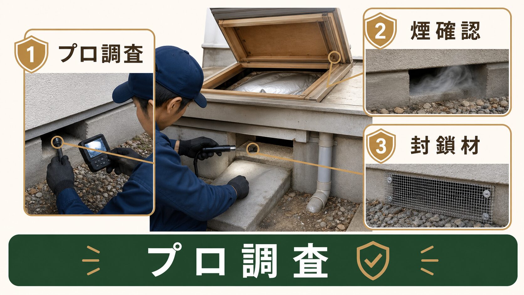 ネズミ駆除業者がカメラや煙確認や封鎖材で侵入口を調査するイメージ