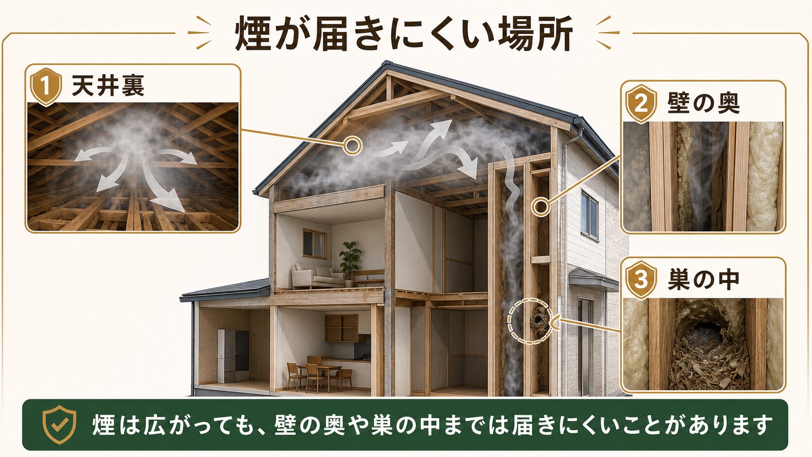 バルサンの煙が天井裏や壁の奥の巣に届きにくい理由を示す図解