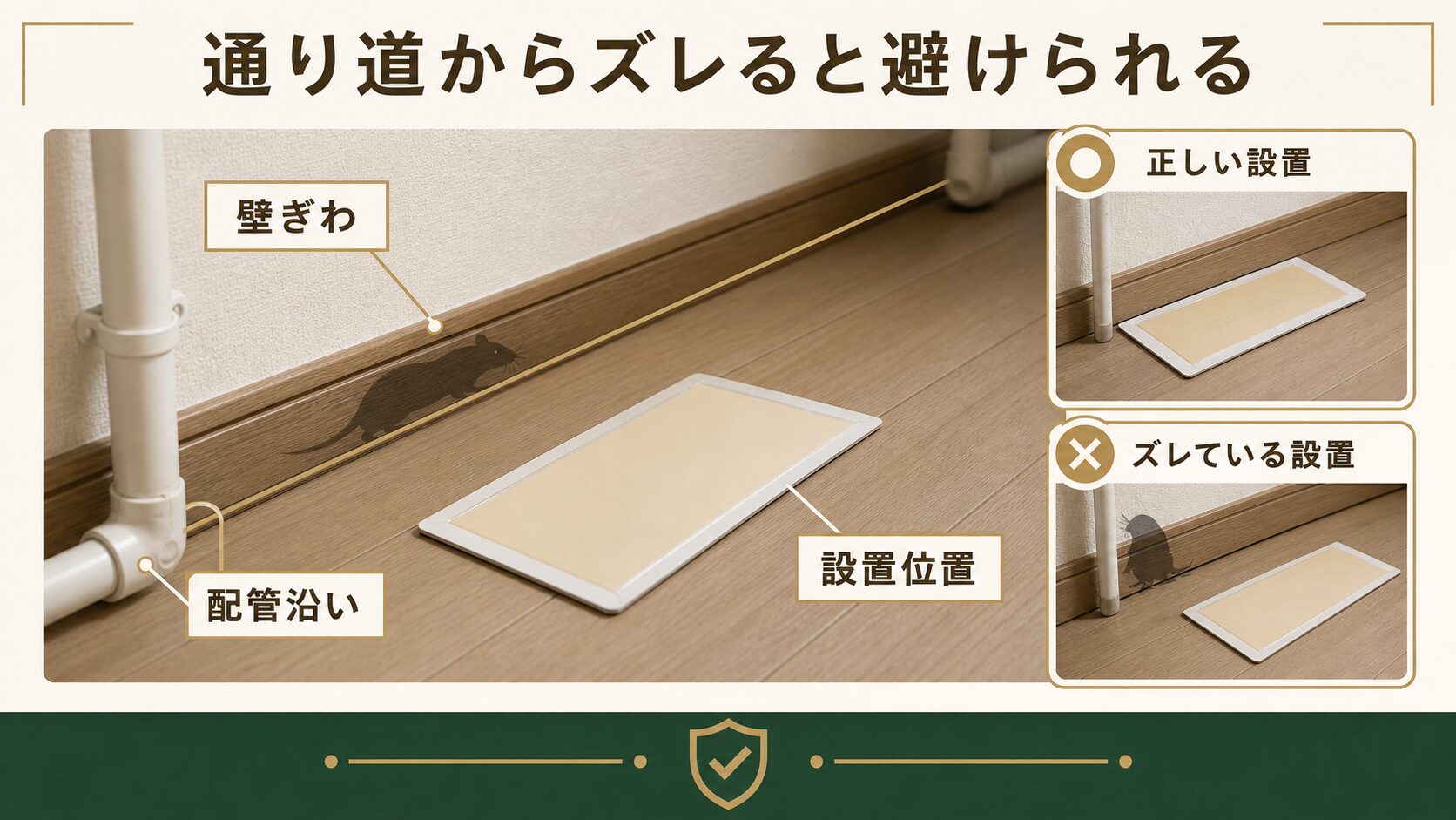 ネズミの通り道からずれた粘着シートが避けられやすいことを示す図解