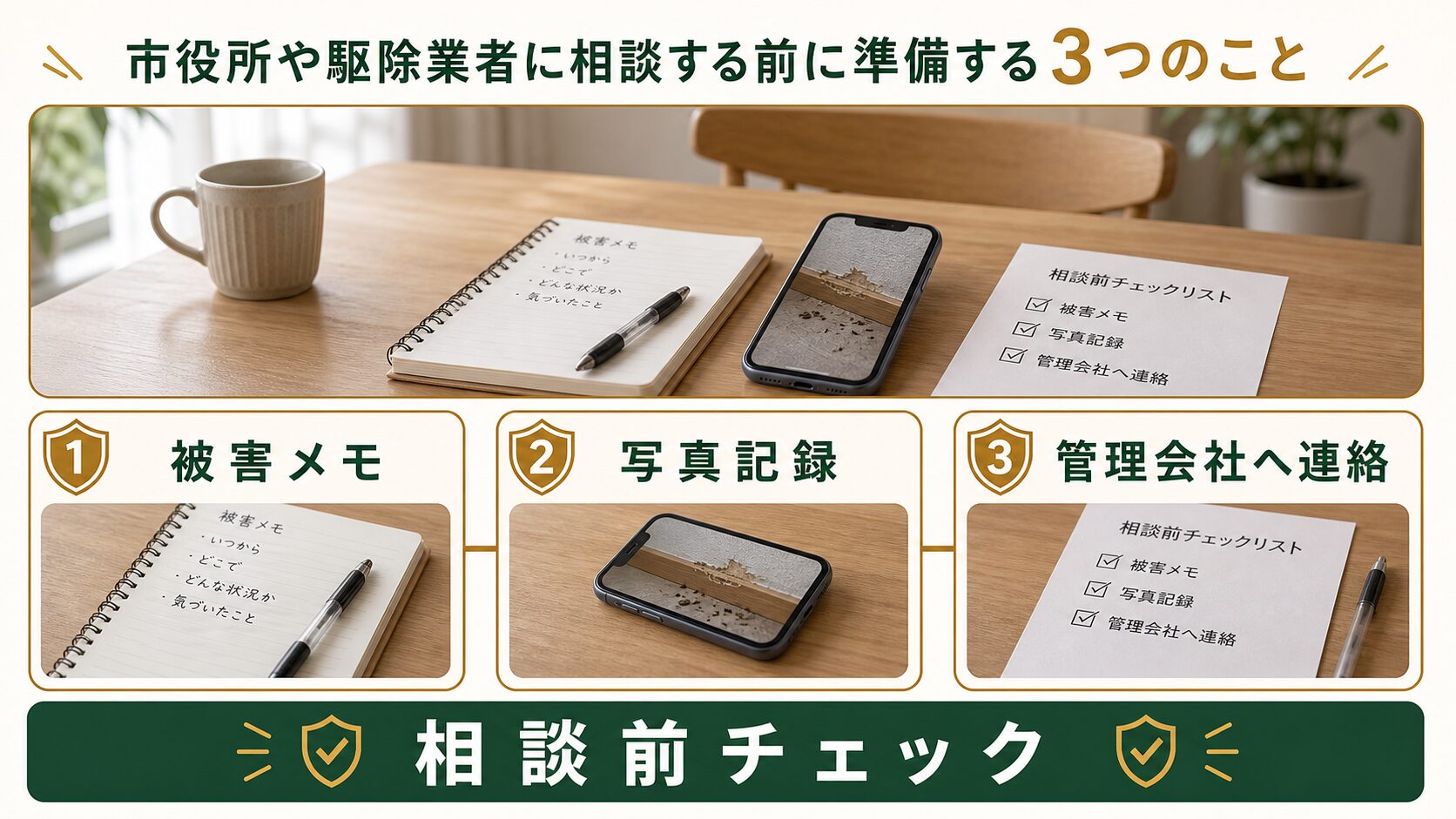 市役所や駆除業者へ相談する前に準備する内容のチェックリスト図解