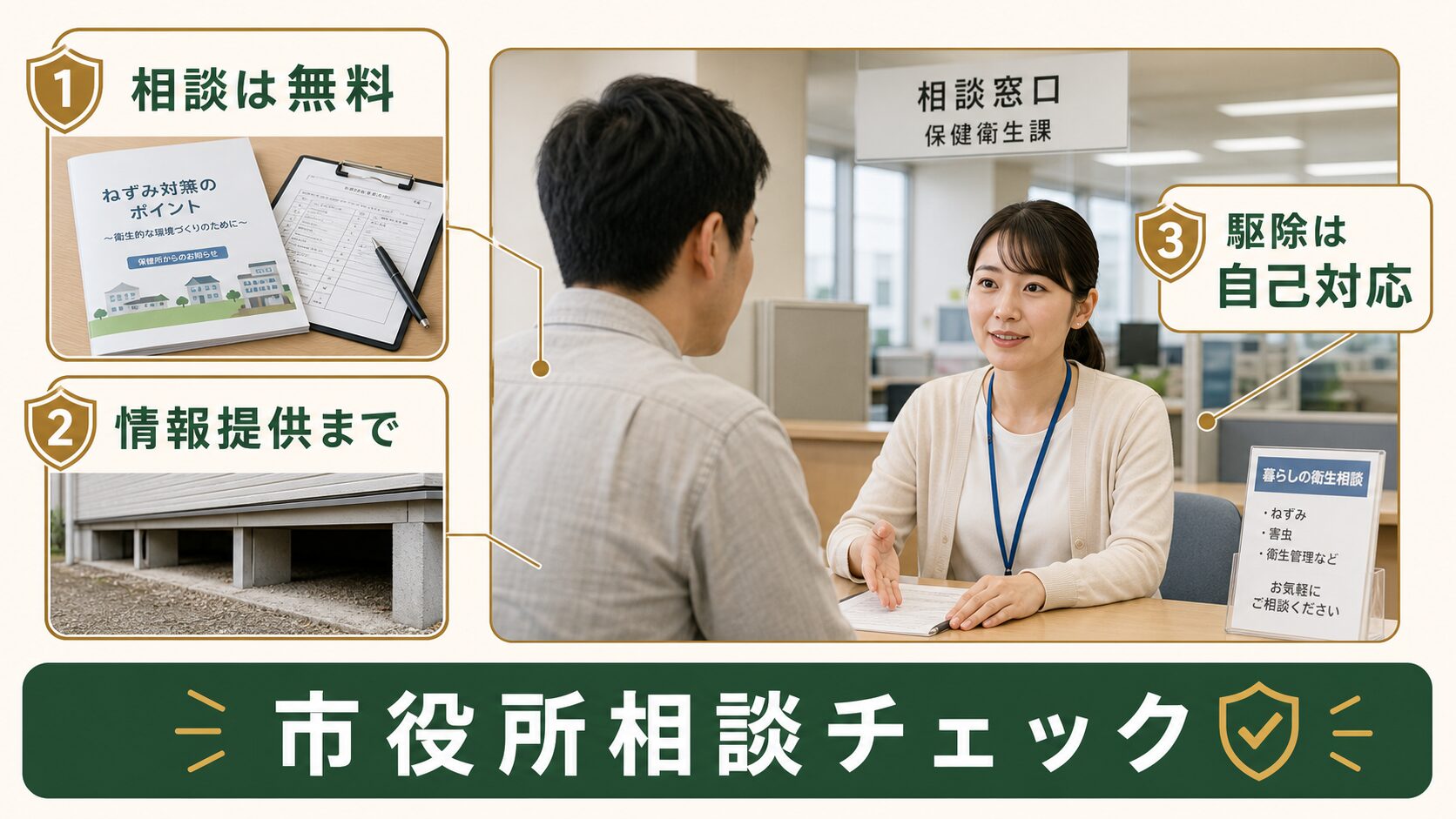 市役所や保健所でネズミ被害を無料相談するイメージ