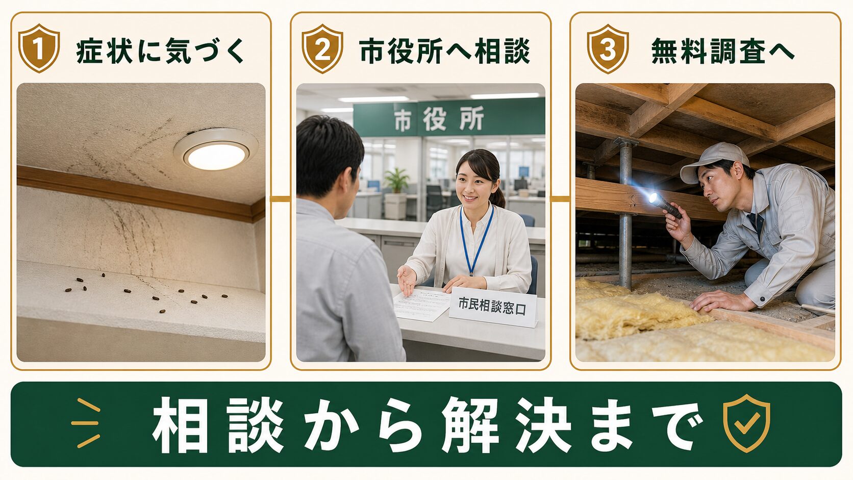 ネズミ被害に気づいてから市役所相談や無料調査へ進む流れの図解