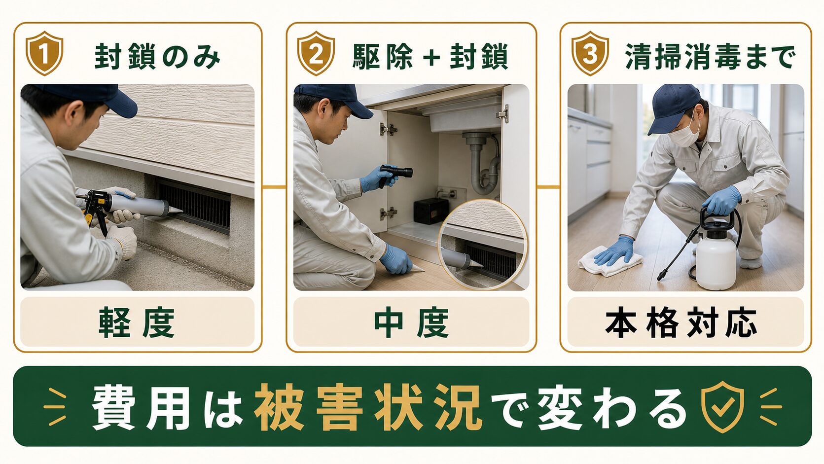 ネズミ駆除費用が被害状況や作業範囲で変わることを示す図解