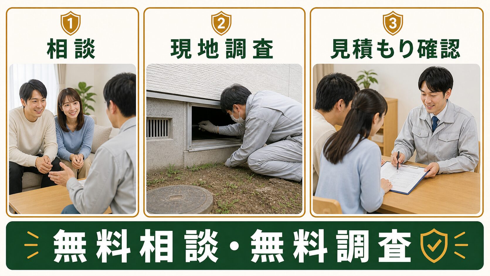 専門業者の無料相談から現地調査と見積もり確認へ進む流れの図解