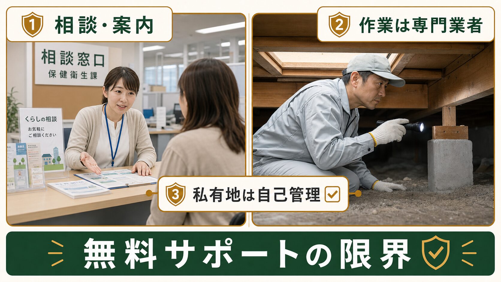 市役所の無料相談と専門業者の駆除作業の役割分担を示す図解