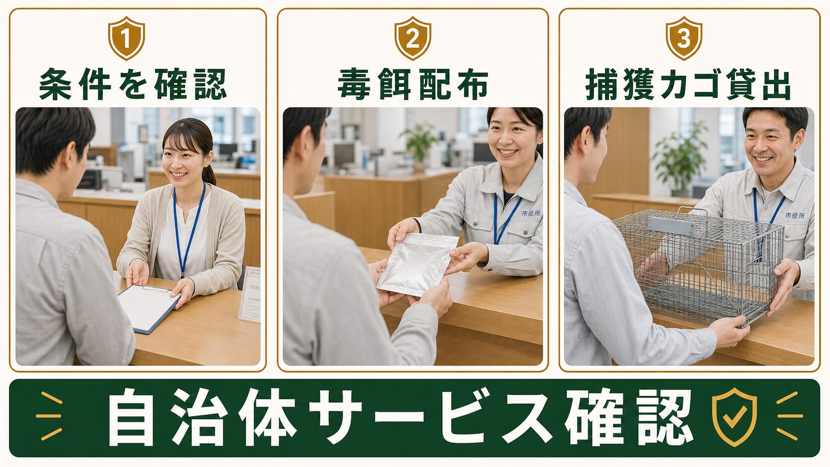 自治体による毒餌配布や捕獲カゴ貸出の条件を確認する図解