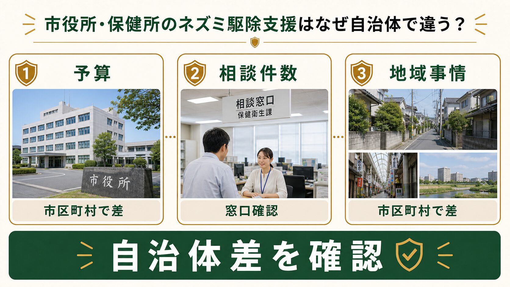 市区町村によってネズミ駆除相談の対応差があることを示す図解