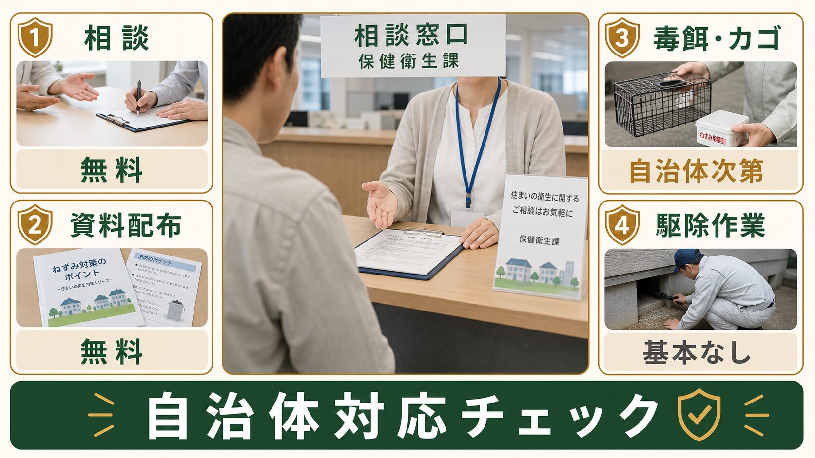 自治体で受けられるネズミ相談サポート範囲のチェック図解