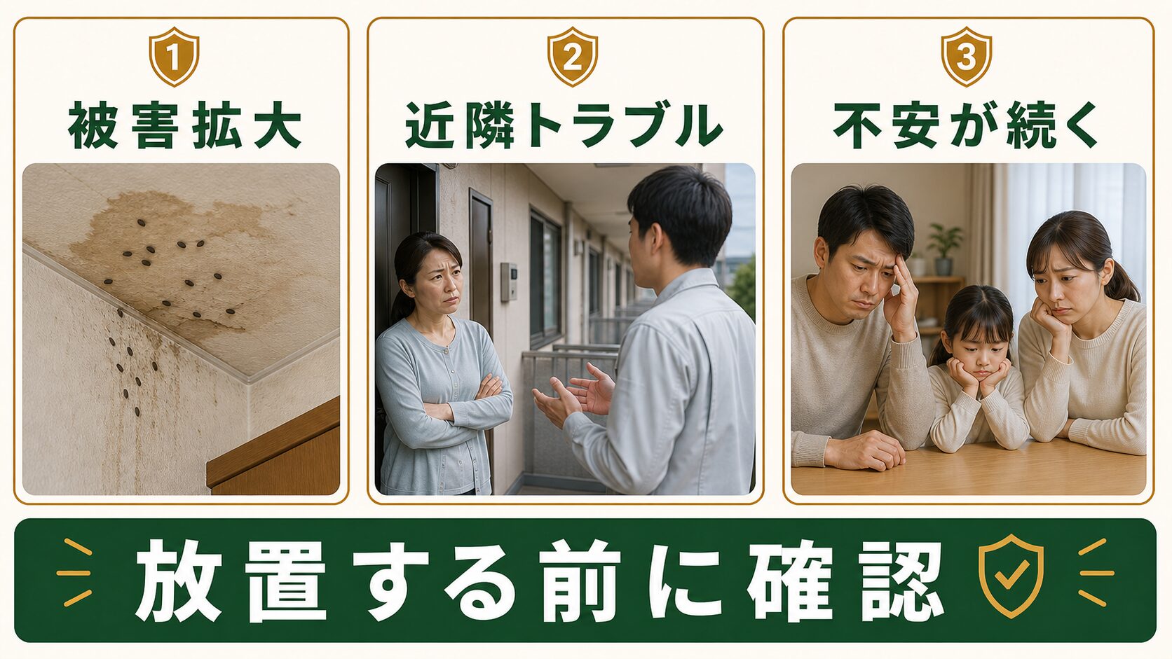 ネズミ被害を放置した場合の被害拡大や近隣トラブルのリスクを示す図解