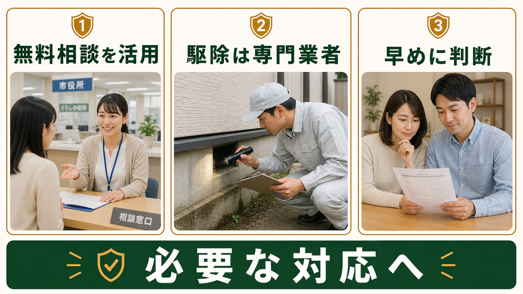 市役所の無料相談を活用し必要な駆除対応は専門業者へ相談する流れの図解