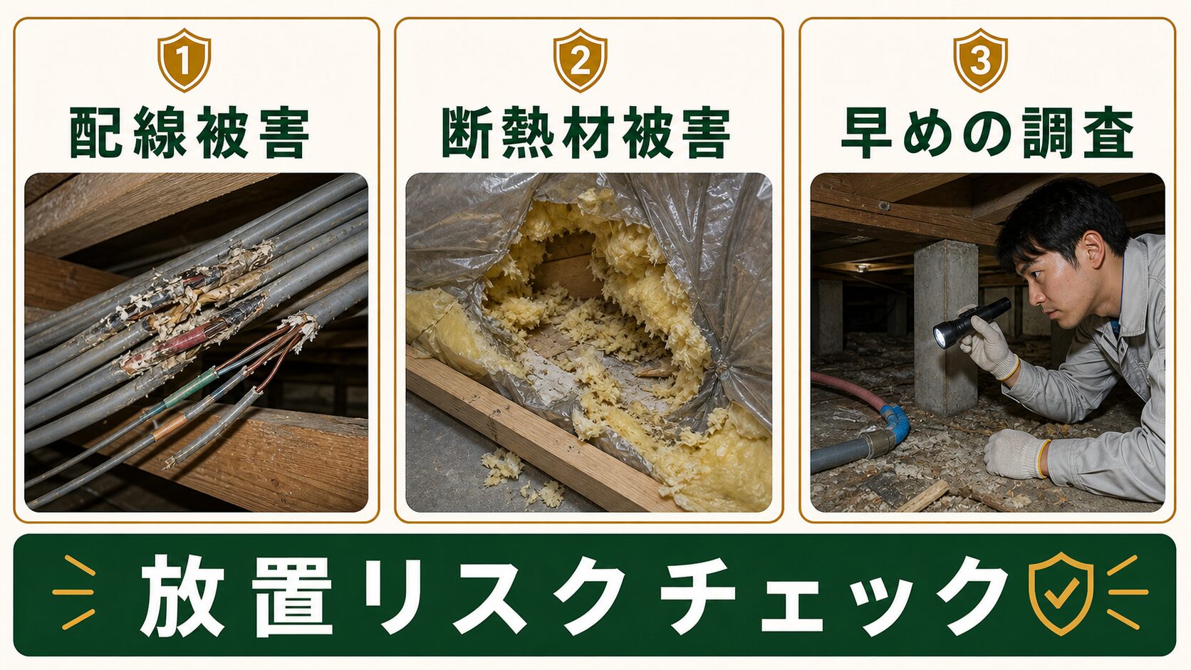 ネズミによる配線や断熱材への被害リスクを示す図解