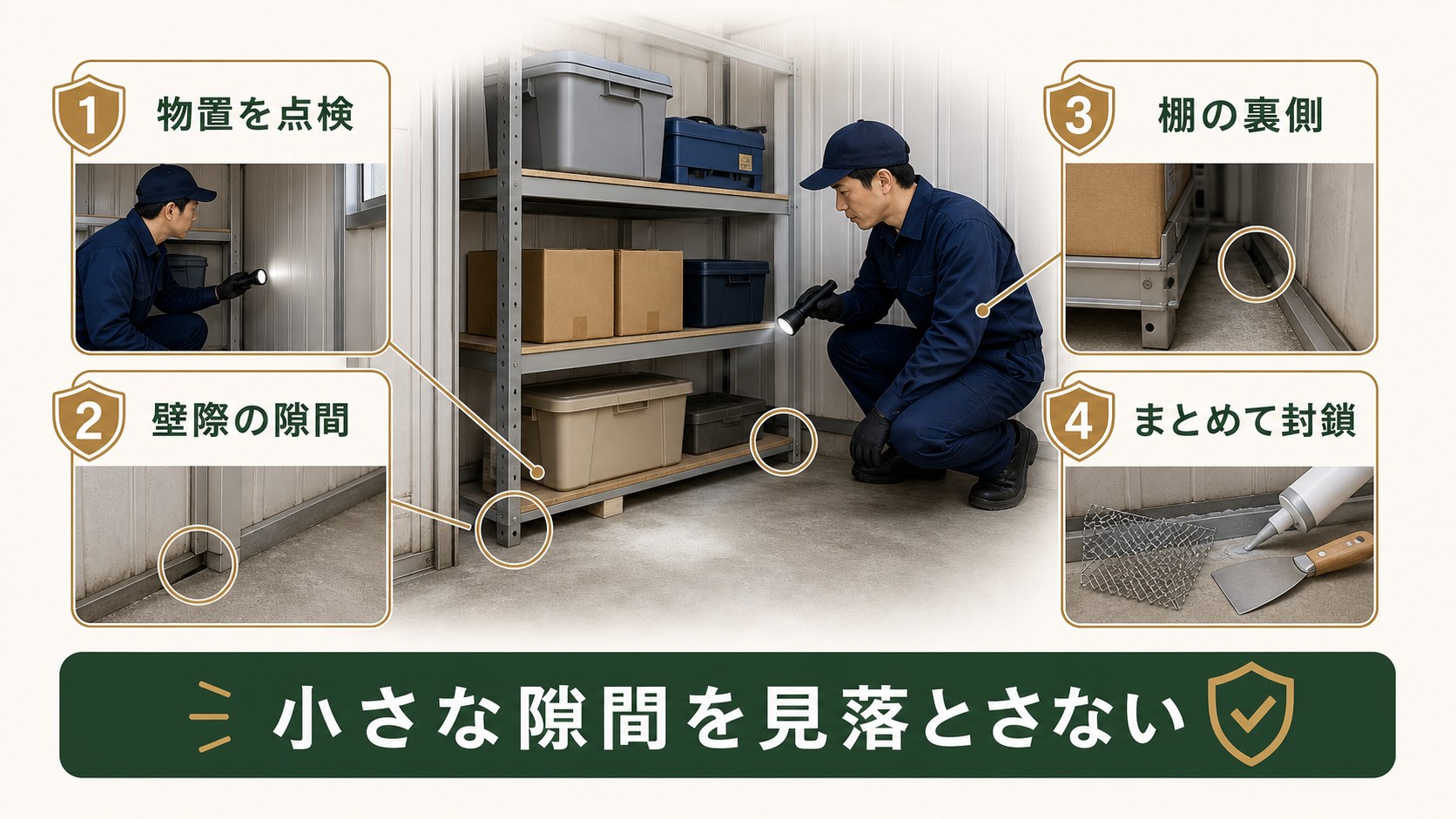 物置や壁際の隙間を点検してハツカネズミの侵入口を探すイメージ