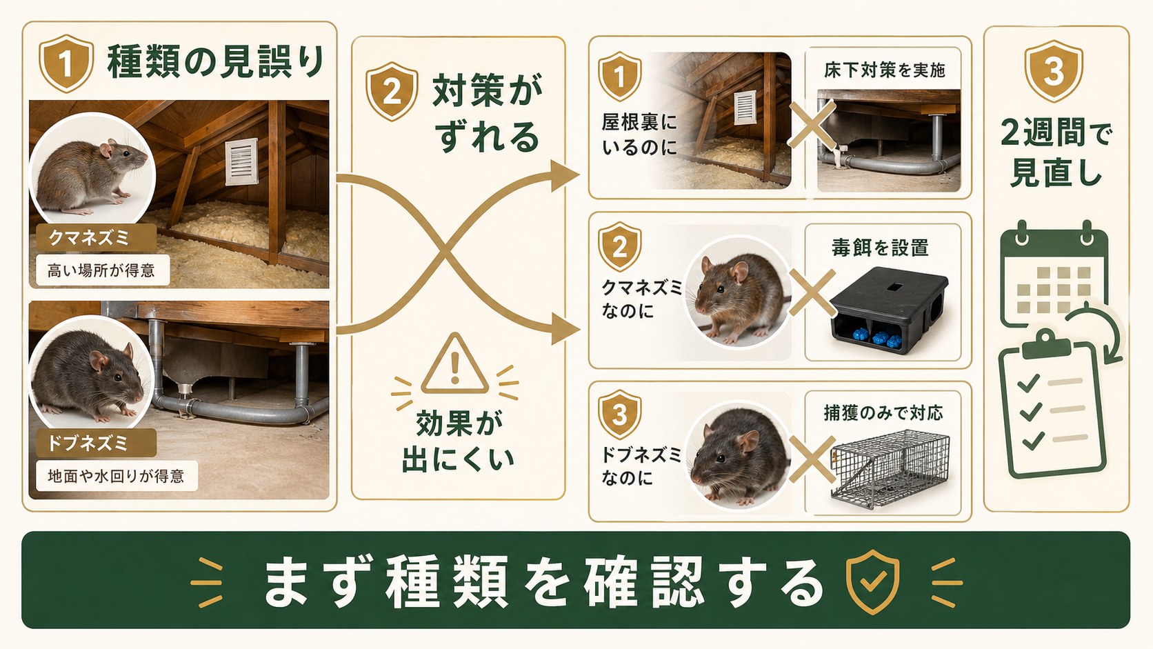 ネズミの種類を見誤ると対策がずれて失敗しやすいことを示すイメージ