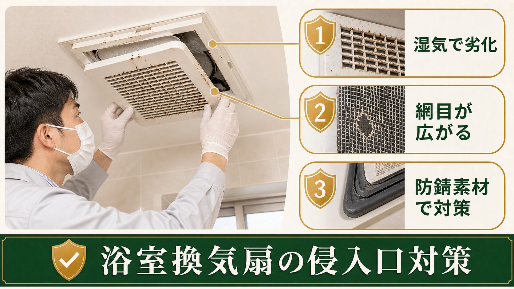 浴室換気扇の金網とパッキン劣化を確認する図解