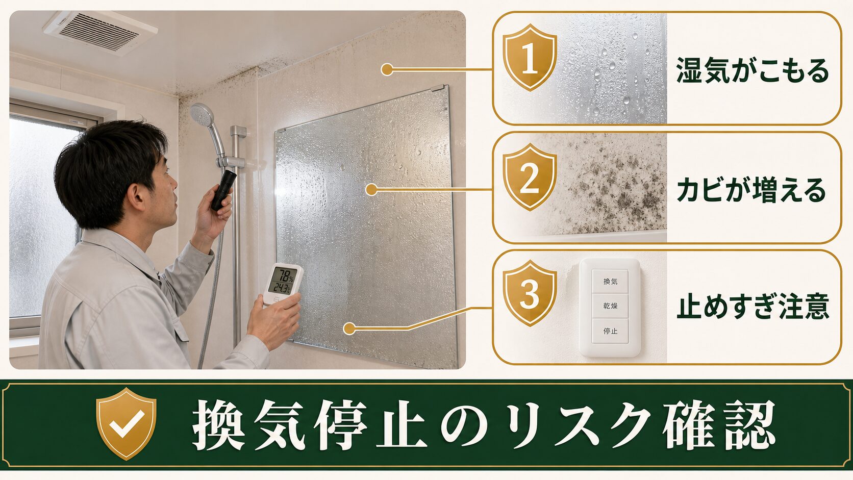 換気扇を止めた浴室の湿気とカビリスクを示す図解