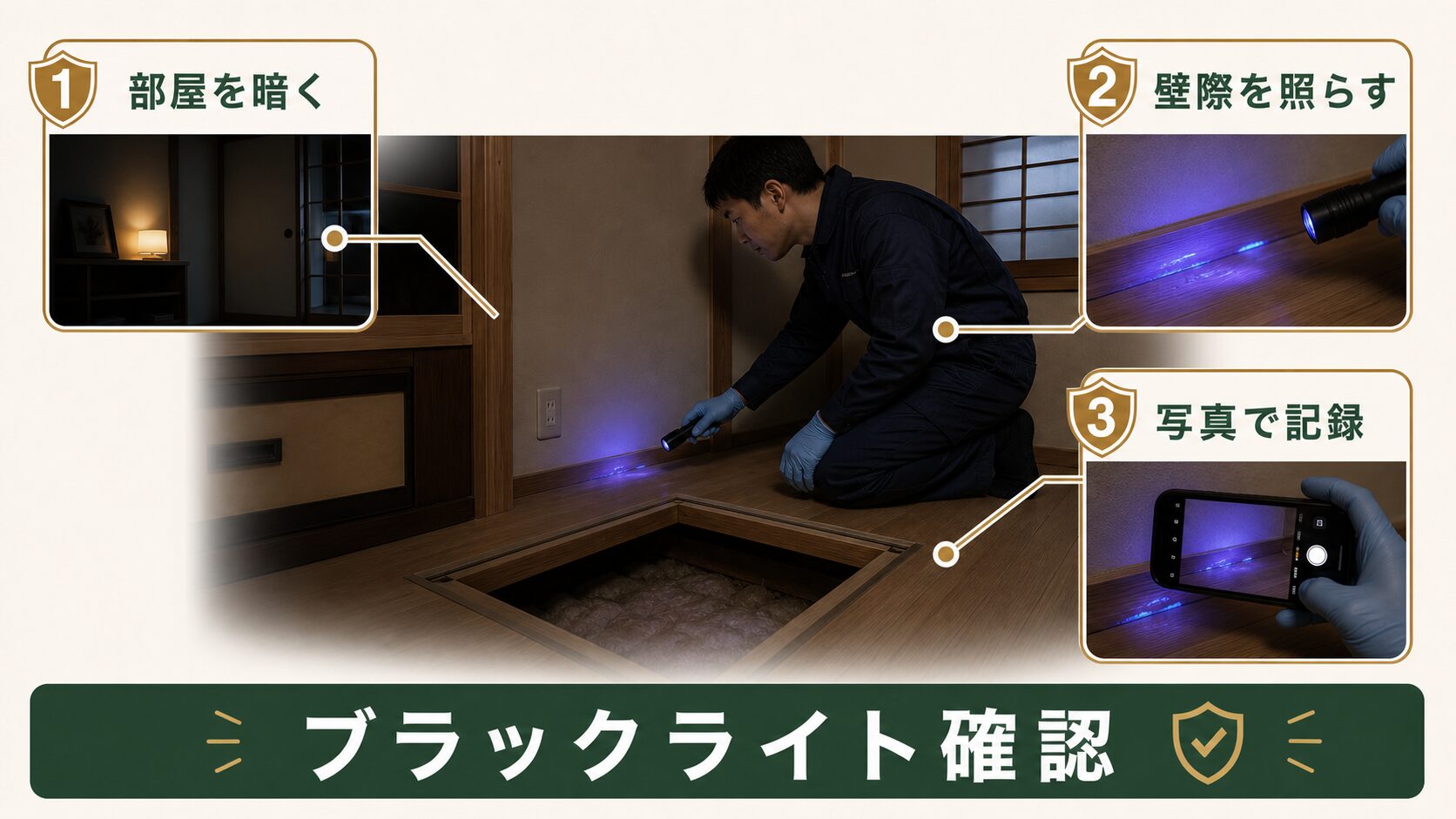 ブラックライトでネズミの尿跡を確認する手順の図解