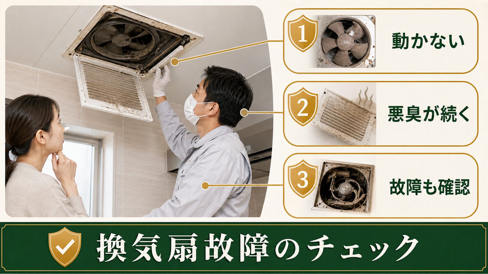 故障した換気扇と悪臭のチェックポイントを示す図解