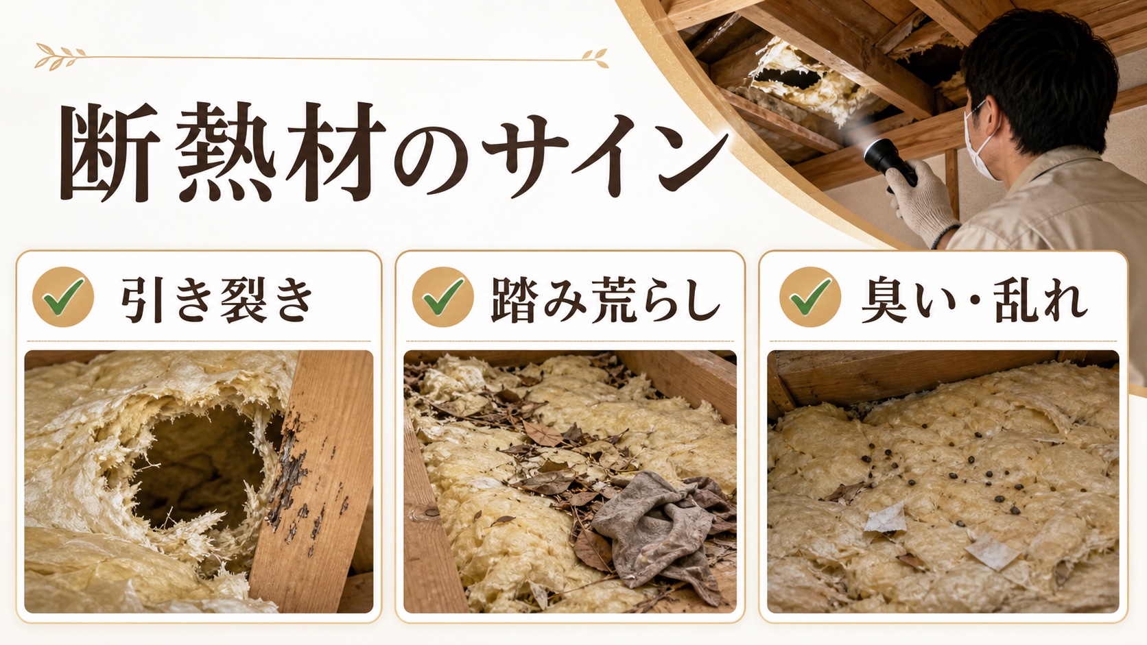 断熱材の破れ方から動物被害を見分ける図解