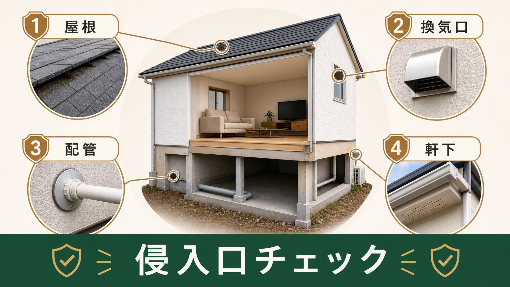 屋根の隙間・換気口・配管まわりなど侵入口になりやすい箇所の図解