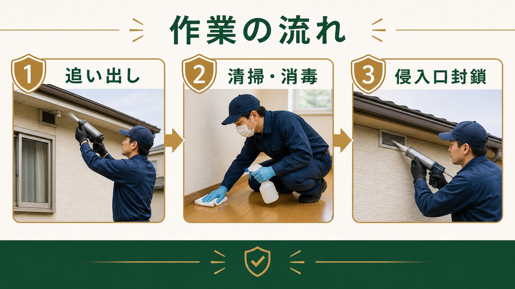 害獣の追い出し・清掃消毒・侵入口封鎖の作業手順を示す図解