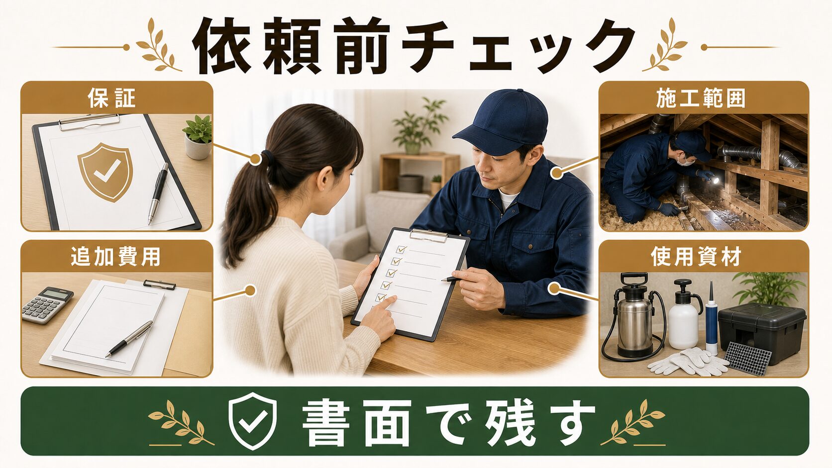 ネズミ駆除の依頼前に保証・施工範囲・追加費用・使用資材を確認する図解