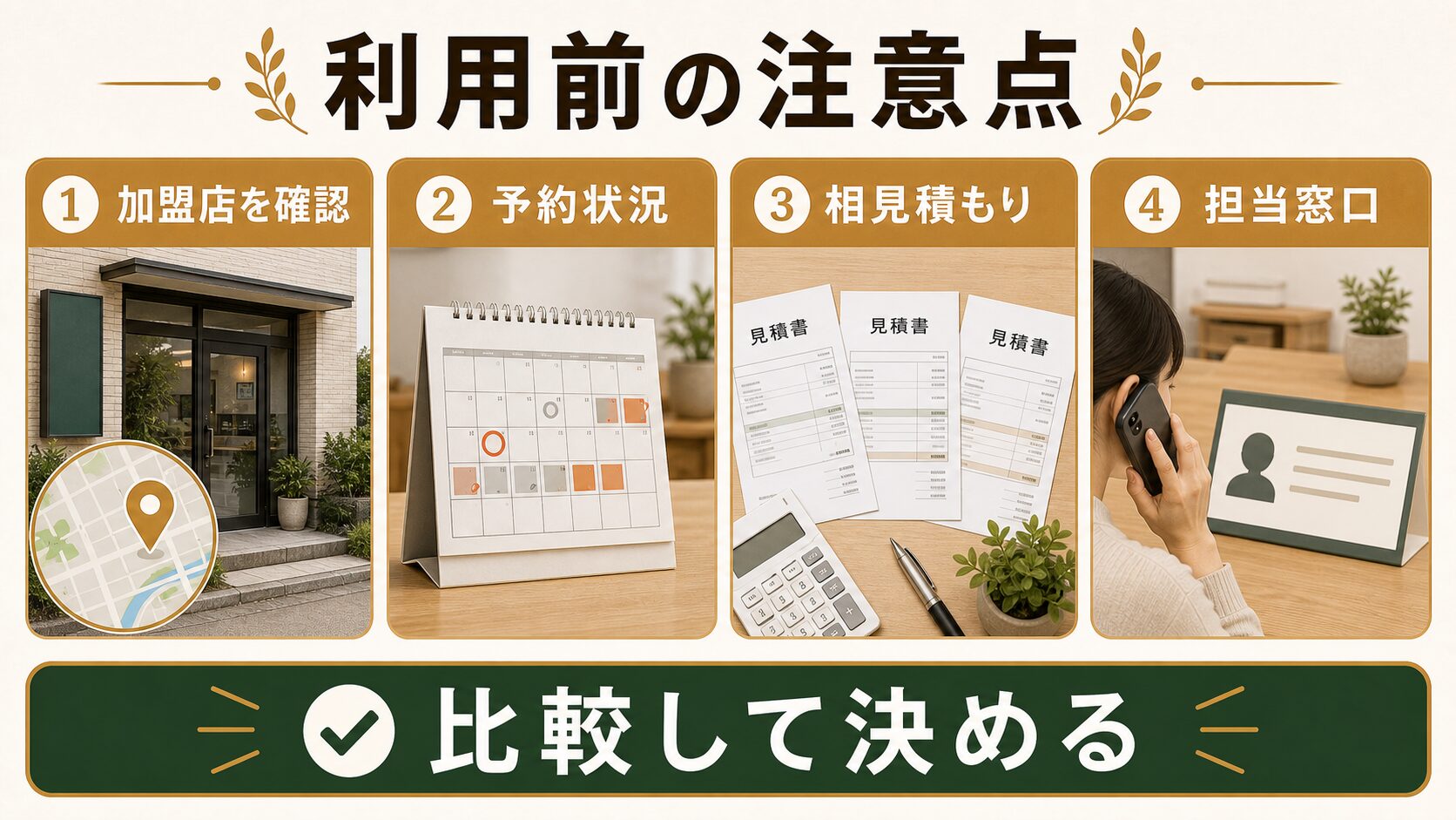 加盟店確認・予約状況・相見積もり・担当窓口など利用前の注意点を示す図解