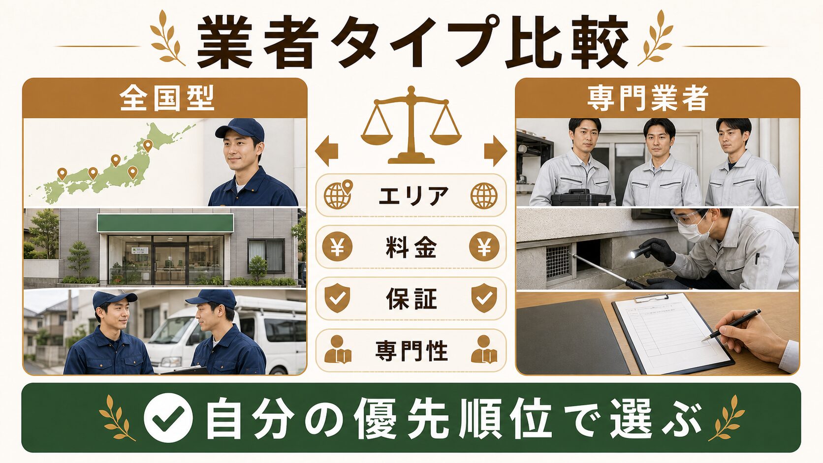全国型サービスとネズミ駆除専門業者の違いを比較する図解