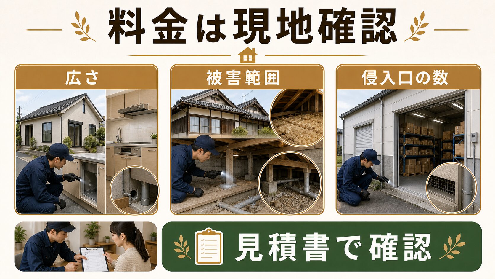 ネズミ駆除の料金が建物の広さ・被害範囲・侵入口の数で変わることを示す図解