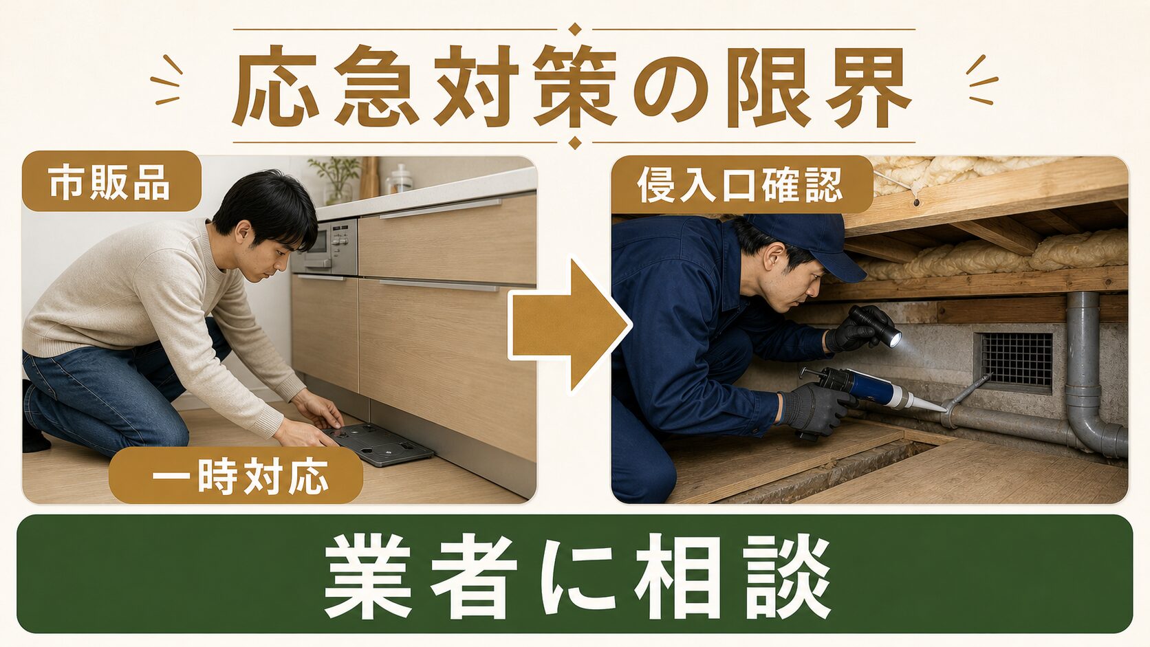 市販品による応急対策と専門業者へ相談すべきタイミングを示す図解