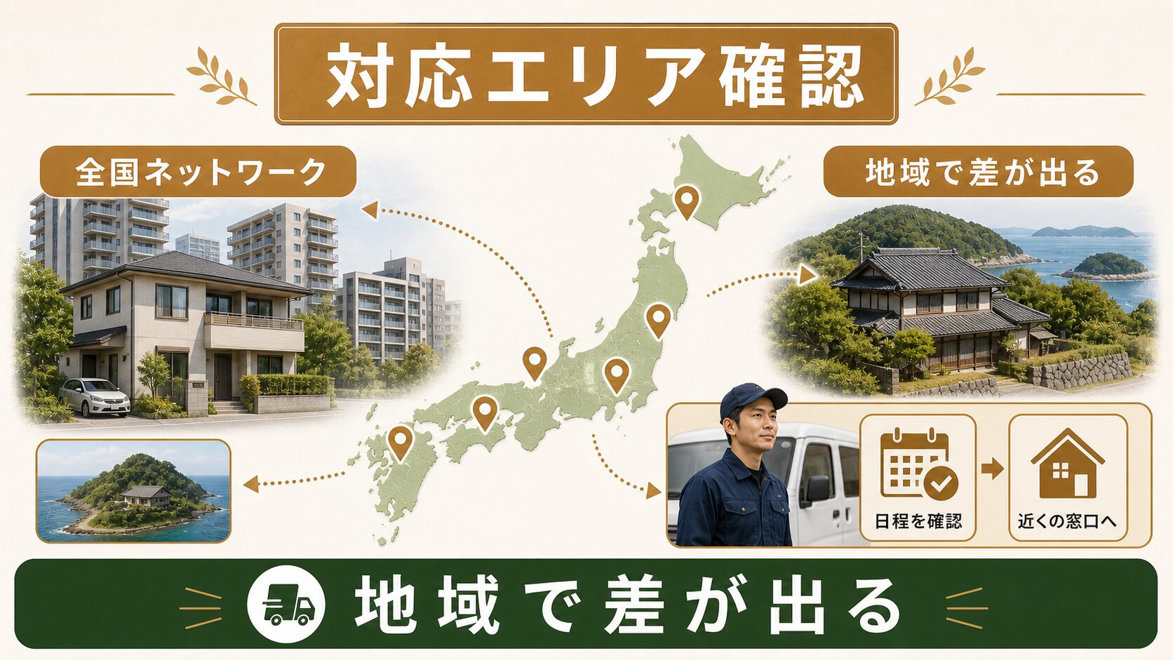 全国対応ネットワークと地域ごとの対応差を示す図解
