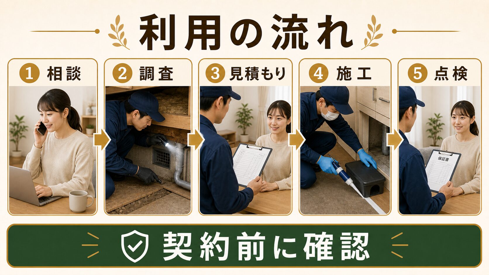ネズミ駆除サービスの相談から調査・見積もり・施工・点検までの流れを示す図解