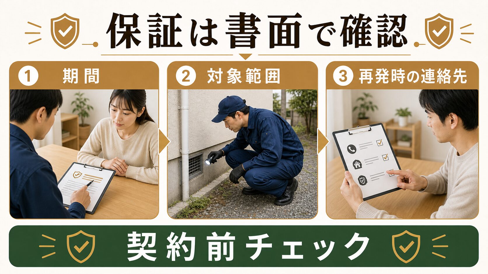 ネズミ駆除の保証期間・対象範囲・再発時の連絡先を書面で確認する図解