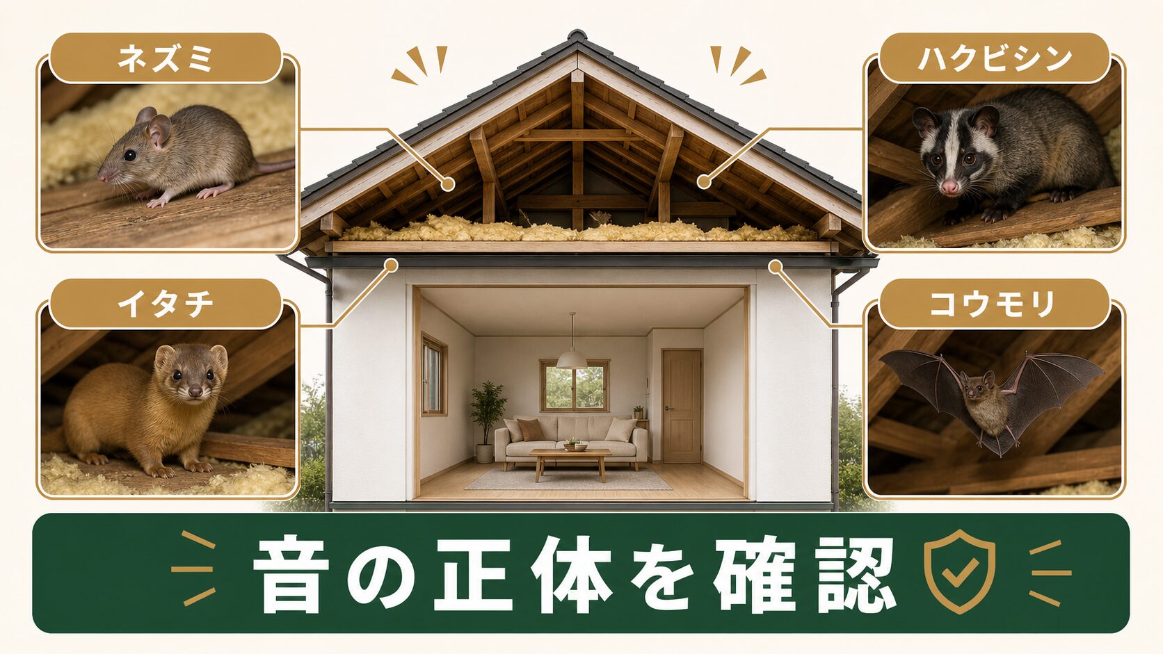 天井裏で物音を立てる動物の種類を確認するイメージ