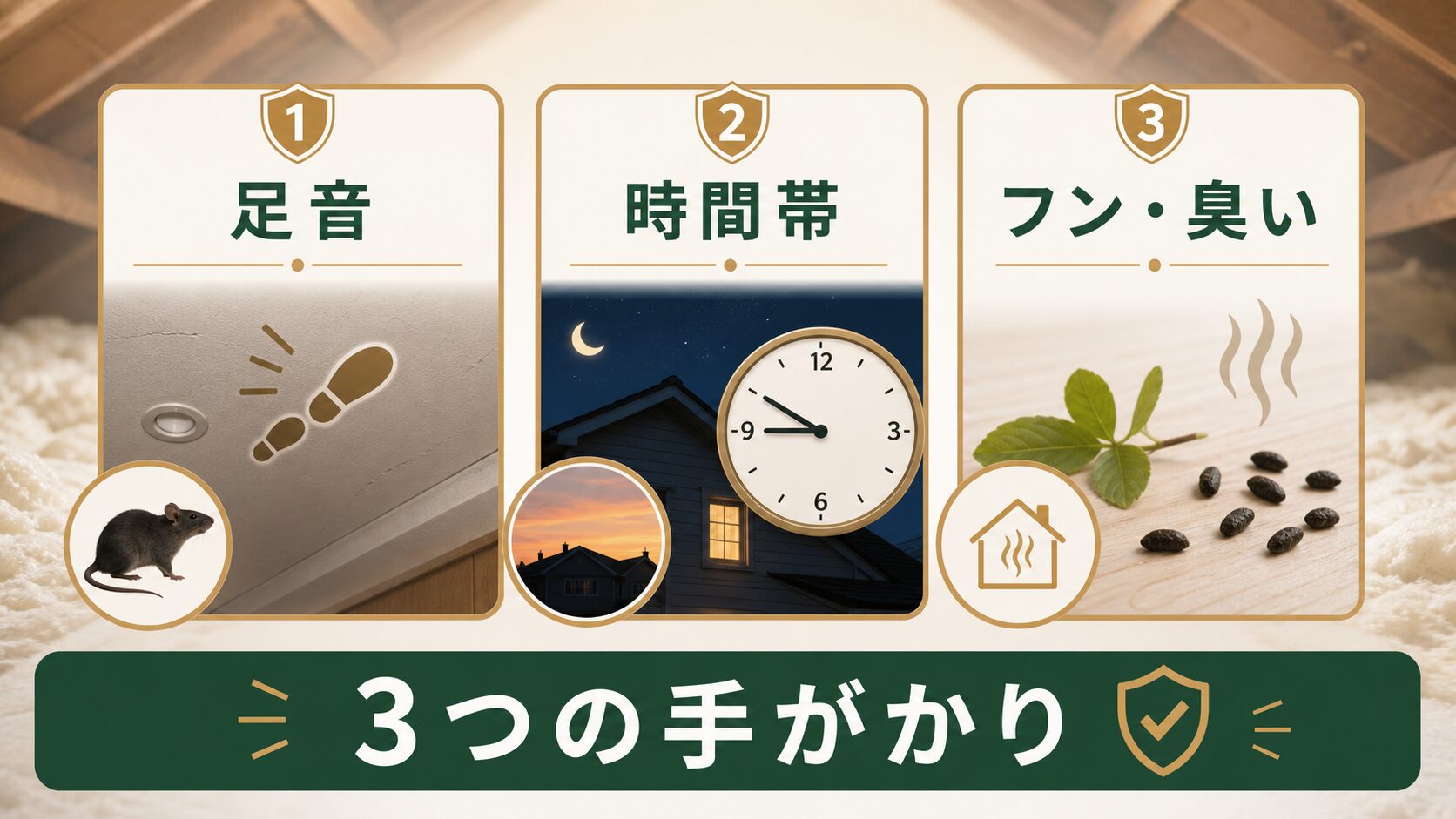 足音・時間帯・フンや臭いから天井裏の動物を見分けるイメージ