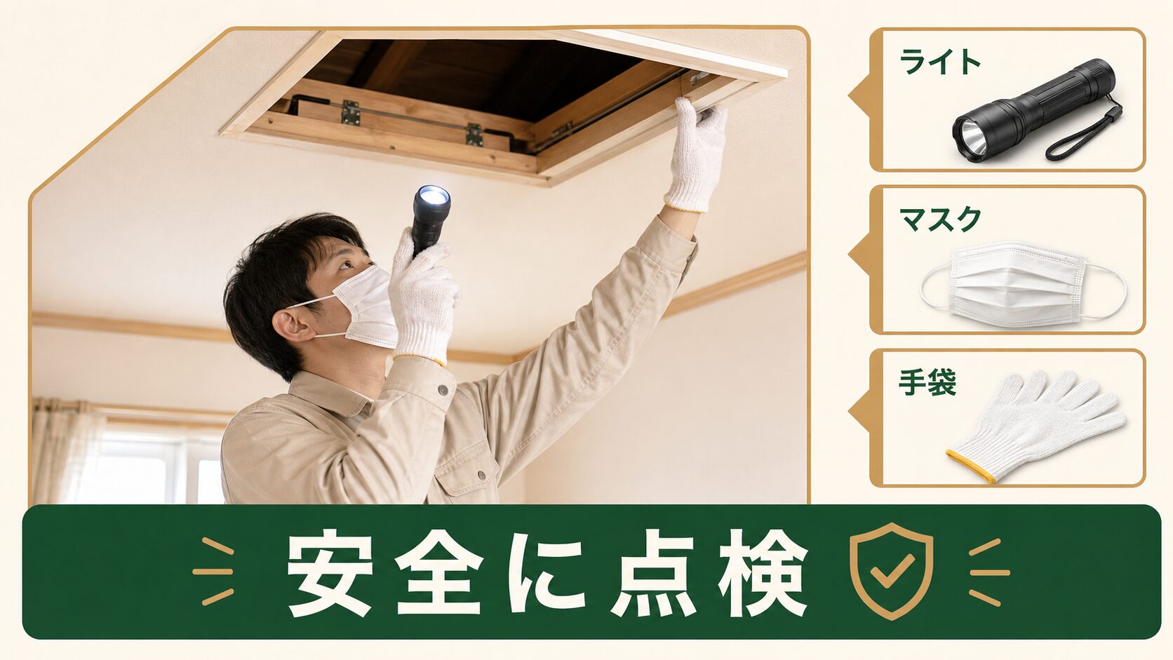 点検口から天井裏を安全に確認するための準備イメージ