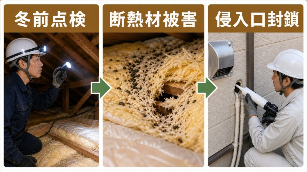 会津地方の豪雪による古民家の断熱材・床下被害を示すイメージ画像