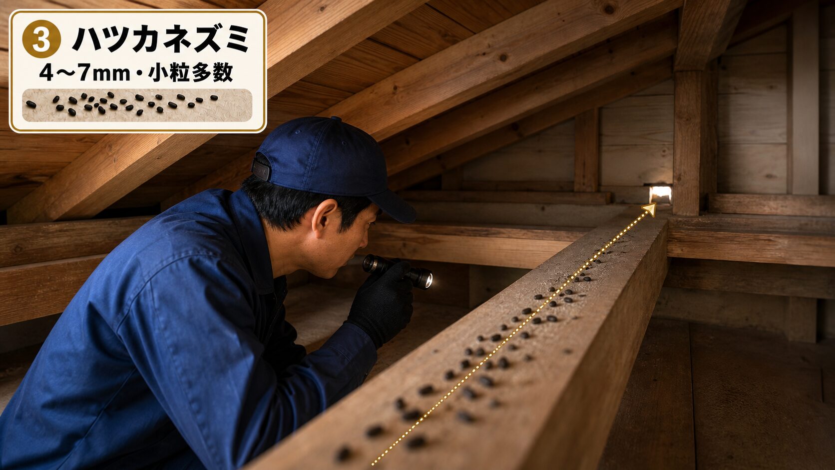 天井裏の糞の並びから侵入経路を確認するイメージ